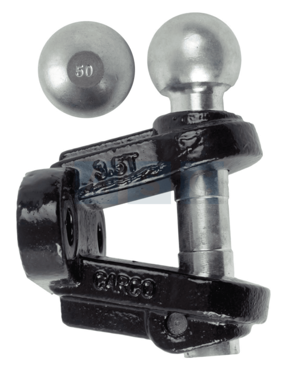 Heavy-duty trailer tow hitch with removable 50mm ball for marine and vehicle use.